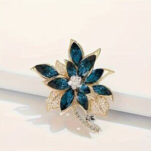 Blue Floral Sparkly Brooch Rhinestone Crystal Goldtoned Fashion Brooch Pin